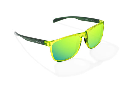 Bajio Calda Sunglasses - Angled View, Green Glass Gloss Frame with Green Mirror Lens