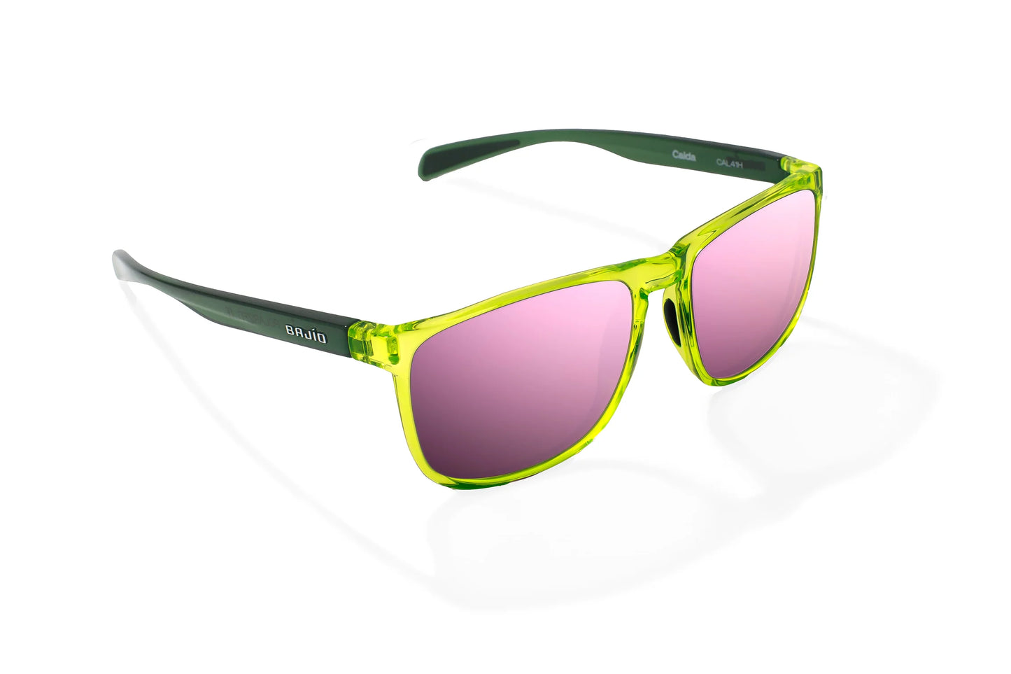 Bajio Calda Sunglasses - Angled View, Green Glass Gloss Frame with Rose Mirror Lens
