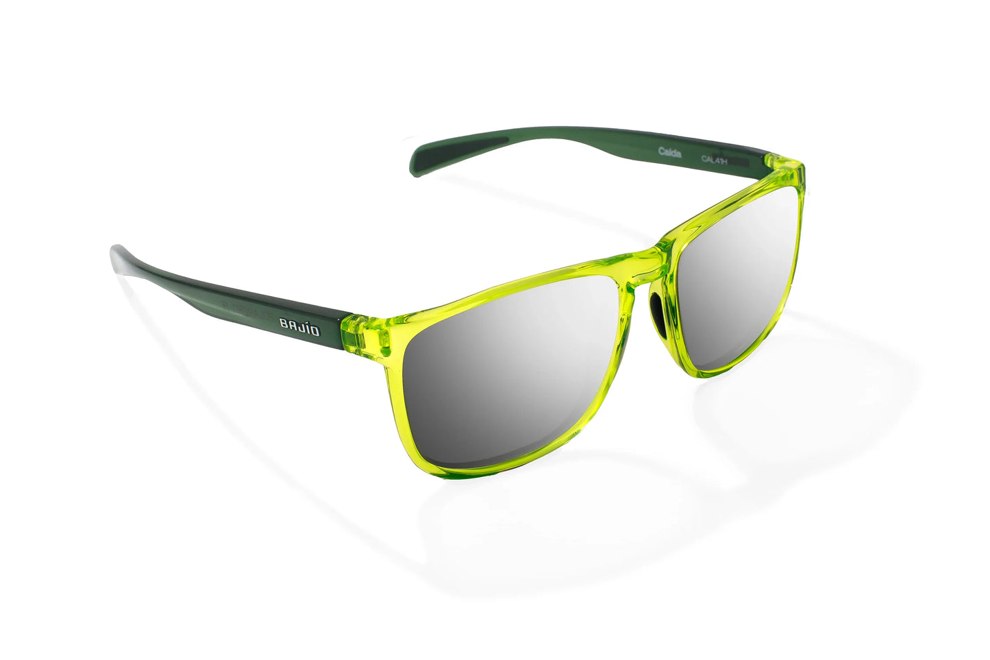 Bajio Calda Sunglasses - Angled View, Green Glass Gloss Frame with Silver Mirror Lens