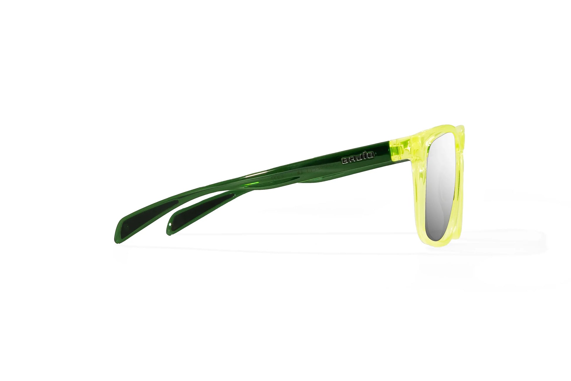Bajio Calda Sunglasses - Side View, Green Glass Gloss Frame with Silver Mirror Lens