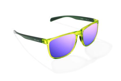 Bajio Calda Sunglasses - Angled View, Green Glass Gloss Frame with Violet Mirror Lens