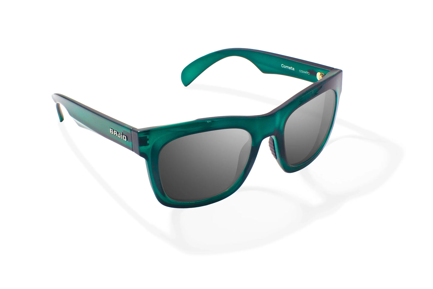 Bajio Cometa Sunglasses - Angled View, Teal Glass Gloss Frame with Gray Lens