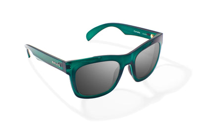 Bajio Cometa Sunglasses - Angled View, Teal Glass Gloss Frame with Gray Lens