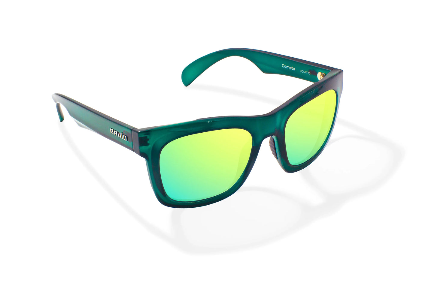 Bajio Cometa Sunglasses - Angled View, Teal Glass Gloss Frame with Green Mirror Lens