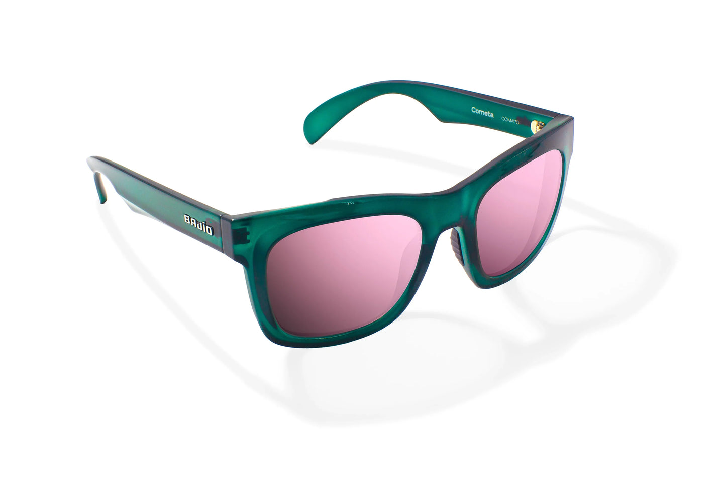 Bajio Cometa Sunglasses - Angled View, Teal Glass Gloss Frame with Rose Mirror Lens"