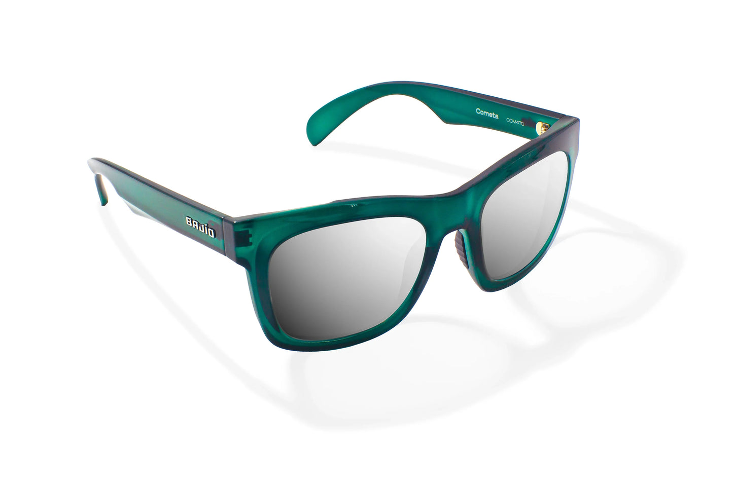 Bajio Cometa Sunglasses - Angled View, Teal Glass Gloss Frame with Silver Mirror Lens