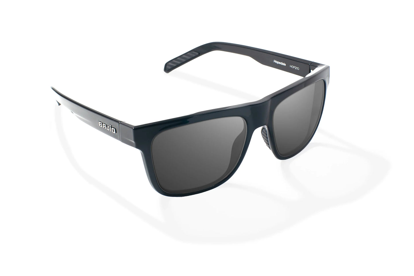 Bajio Hopedale Sunglasses - Angled View, Black Gloss Frame with Gray Lens