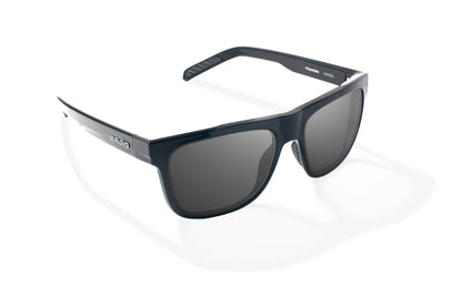 Bajio Hopedale Sunglasses - Angled View, Black Gloss Frame with Gray Lens