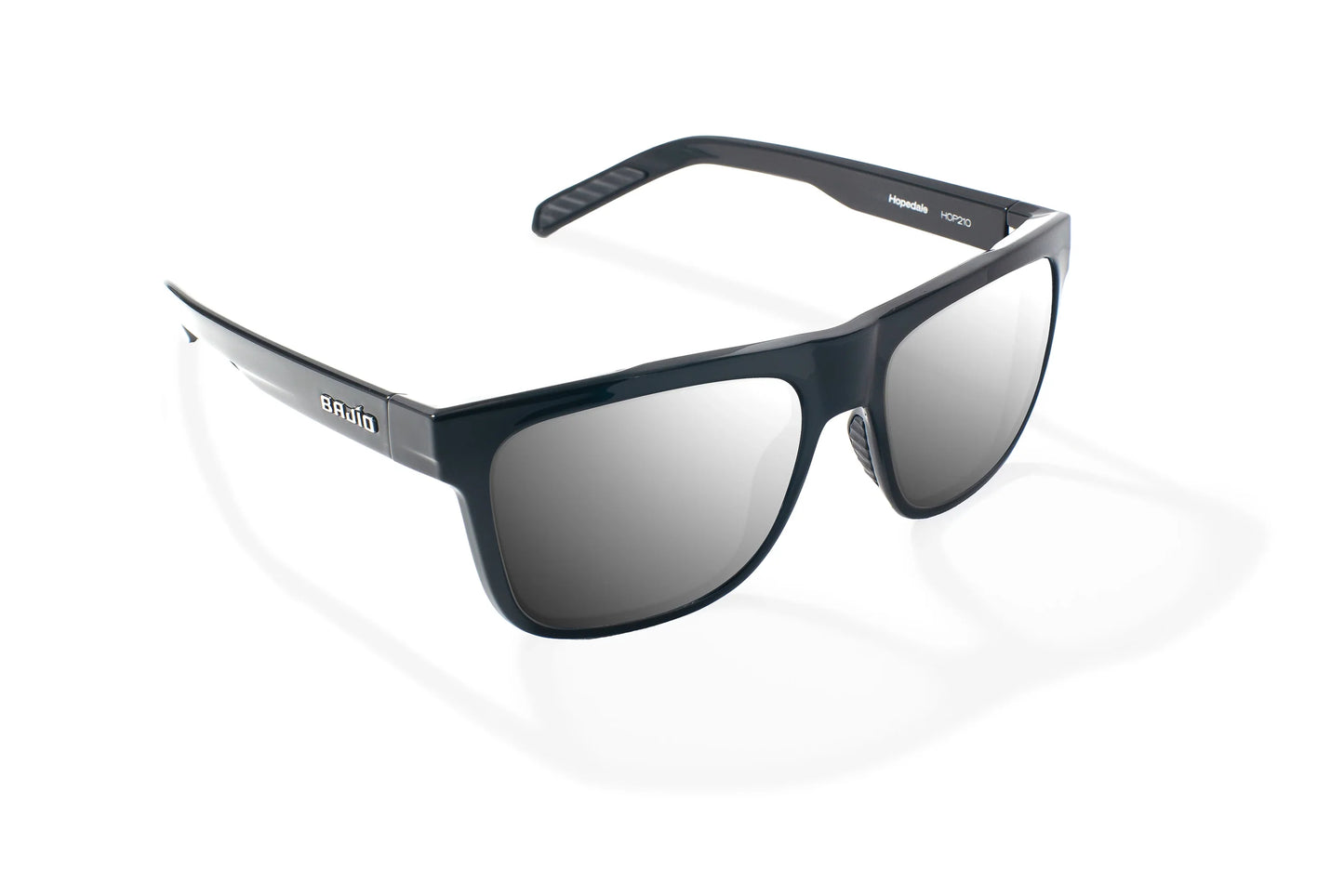 Bajio Hopedale Sunglasses - Angled View, Black Gloss Frame with Silver Mirror Lens