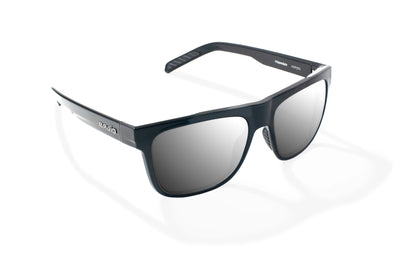 Bajio Hopedale Sunglasses - Angled View, Black Gloss Frame with Silver Mirror Lens