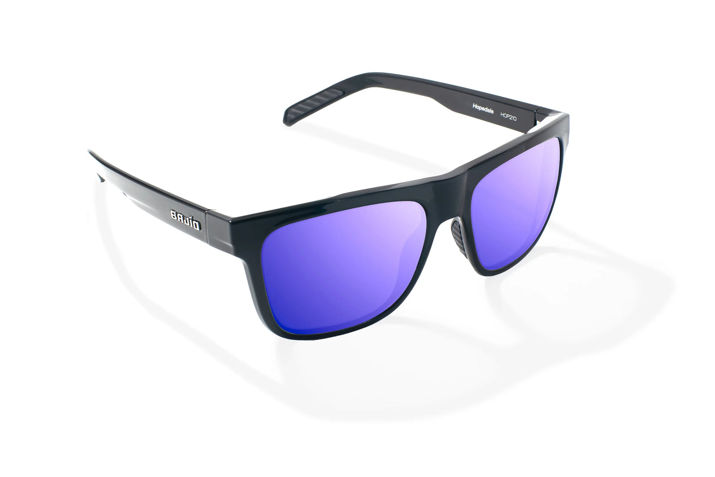 Bajio Hopedale Sunglasses - Angled View, Black Gloss Frame with Violet Mirror Lens