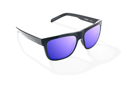 Bajio Hopedale Sunglasses - Angled View, Black Gloss Frame with Violet Mirror Lens