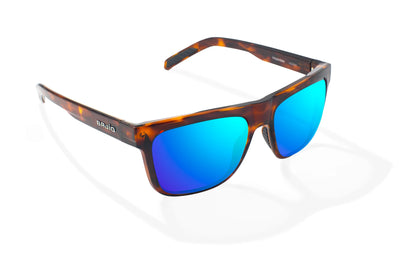 Bajio Hopedale Sunglasses - Angled View, Brown Tortoise Gloss Frame with Blue Mirror Lens