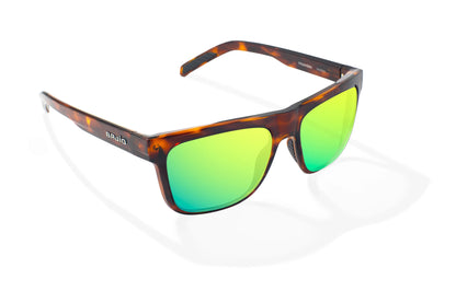 Bajio Hopedale Sunglasses - Angled View, Brown Tortoise Gloss Frame with Green Mirror Lens