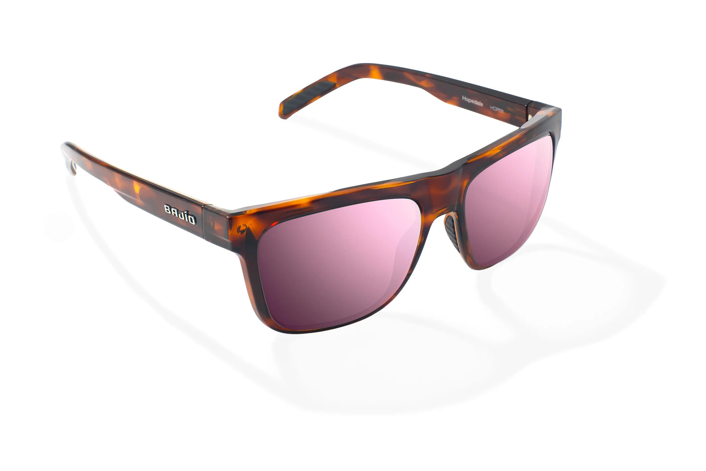 Bajio Hopedale Sunglasses - Angled View, Brown Tortoise Gloss Frame with Rose Mirror Lens