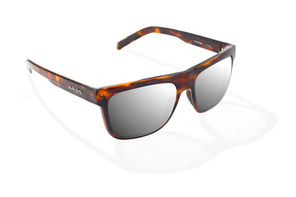 Bajio Hopedale Sunglasses - Angled View, Brown Tortoise Gloss Frame with Silver Mirror Lens