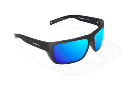 Bajio Palometa Sunglasses - Angled View, Black Matte Frame with Blue Mirror Lens