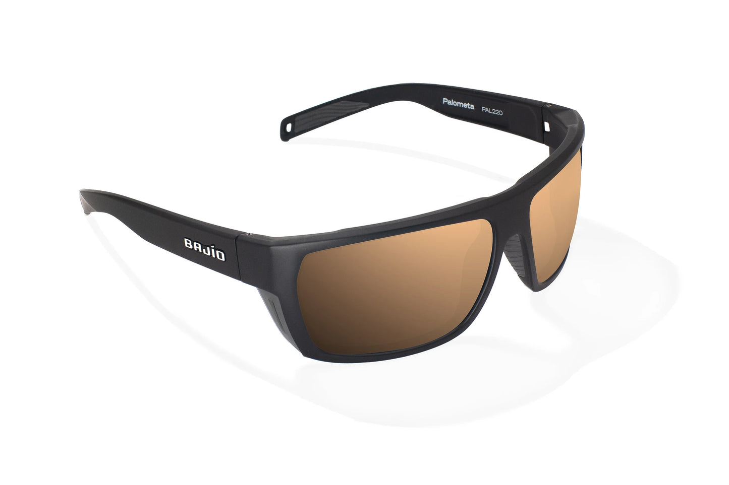 Bajio Palometa Sunglasses - Angled View, Black Matte Frame with Copper Lens