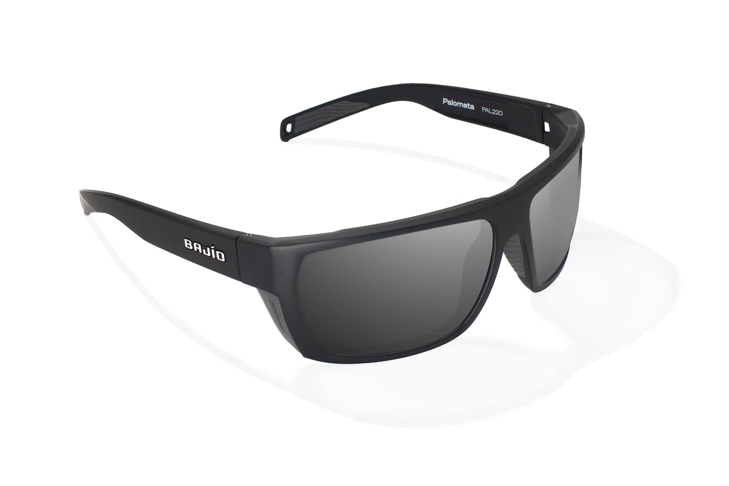 Bajio Palometa Sunglasses - Angled View, Black Matte Frame with Gray Lens