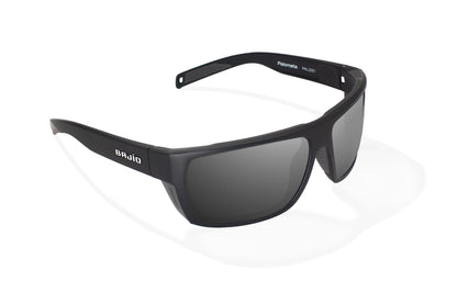 Bajio Palometa Sunglasses - Angled View, Black Matte Frame with Gray Lens