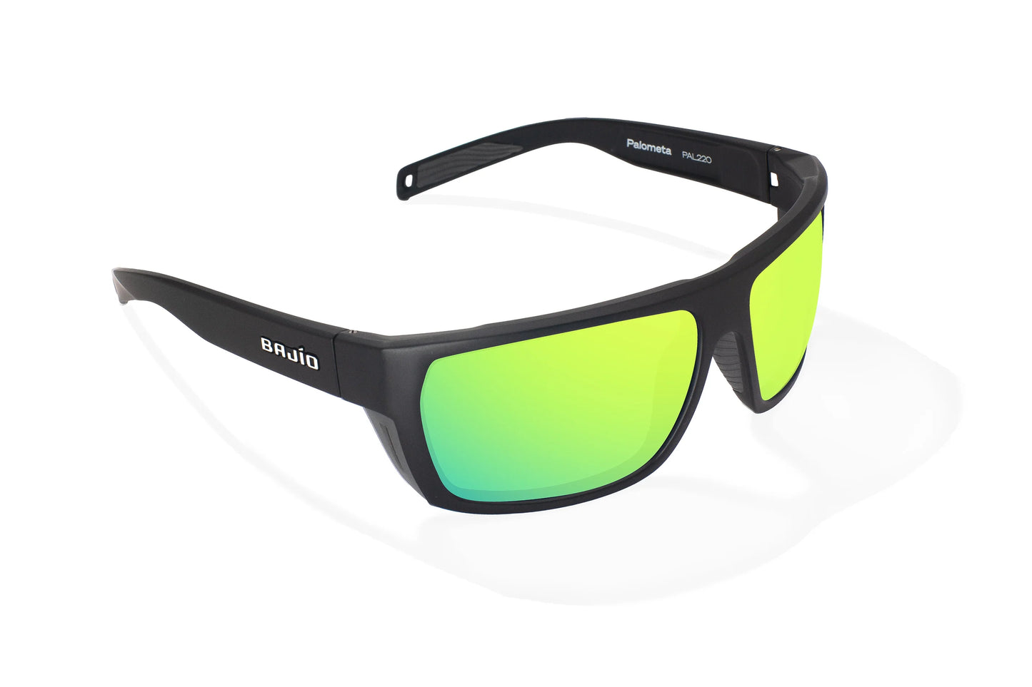 Bajio Palometa Sunglasses - Angled View, Black Matte Frame with Green Mirror Lens