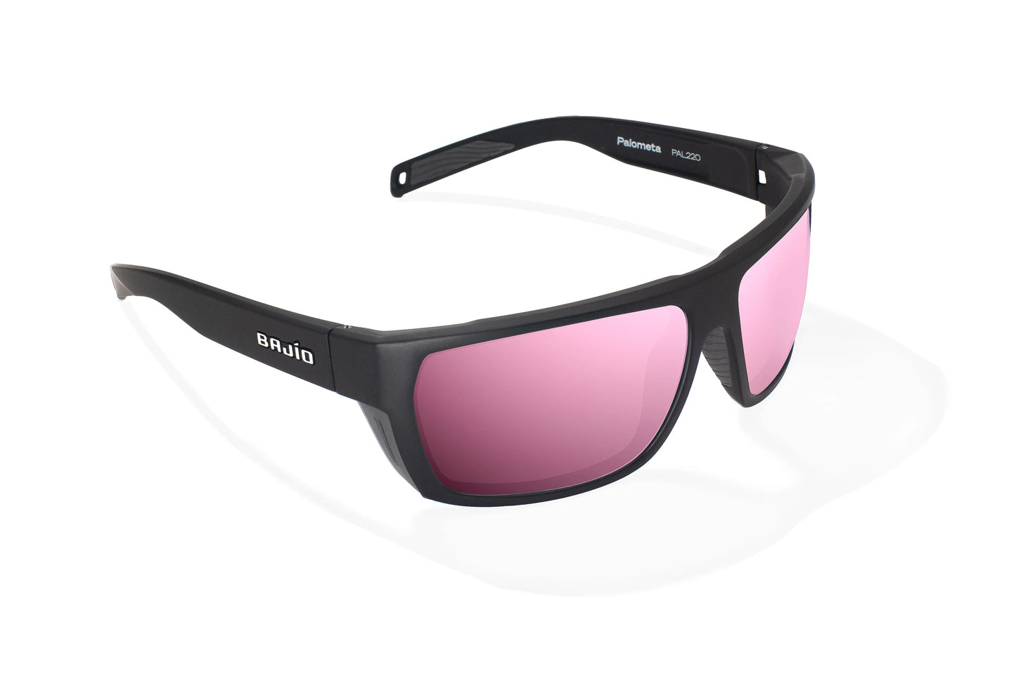 Bajio Palometa Sunglasses - Angled View, Black Matte Frame with Rose Mirror Lens