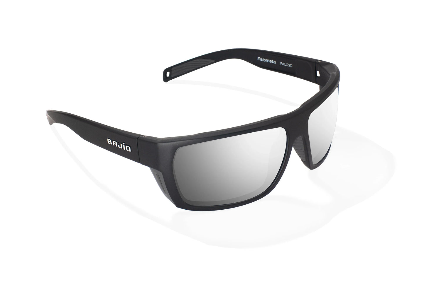 Bajio Palometa Sunglasses - Angled View, Black Matte Frame with Silver Mirror Lens