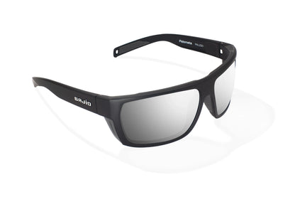 Bajio Palometa Sunglasses - Angled View, Black Matte Frame with Silver Mirror Lens