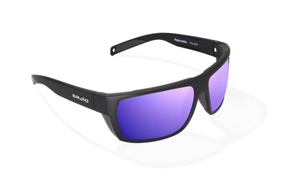 Bajio Palometa Sunglasses - Angled View, Black Matte Frame with Violet Mirror Lens