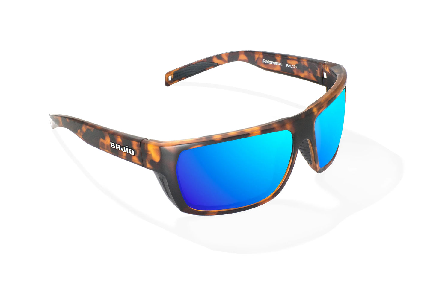 Bajio Palometa Sunglasses - Angled View, Brown Tortoise Matte Frame with Blue Mirror Lens
