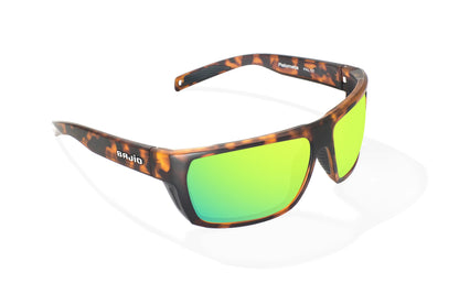 Bajio Palometa Sunglasses - Angled View, Brown Tortoise Matte Frame with Green Mirror Lens