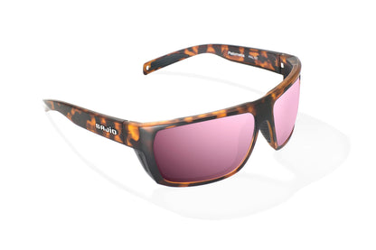 Bajio Palometa Sunglasses - Angled View, Brown Tortoise Matte Frame with Rose Mirror Lens