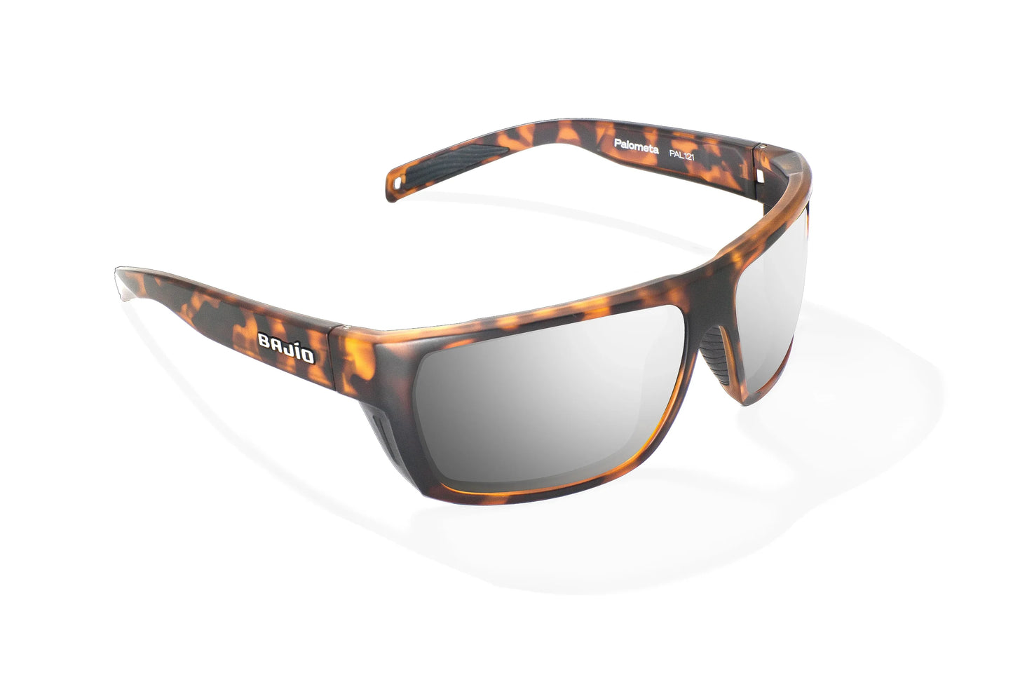 Bajio Palometa Sunglasses - Angled View, Brown Tortoise Matte Frame with Silver Mirror Lens