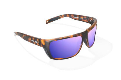 Bajio Palometa Sunglasses - Angled View, Brown Tortoise Matte Frame with Violet Mirror Lens