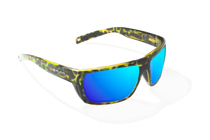 Bajio Palometa Sunglasses - Angled View, Green Rock Gloss Frame with Blue Mirror Lens