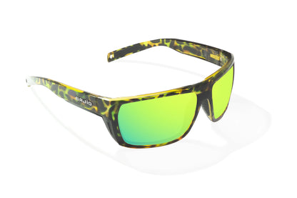 Bajio Palometa Sunglasses - Angled View, Green Rock Gloss Frame with Green Mirror Lens