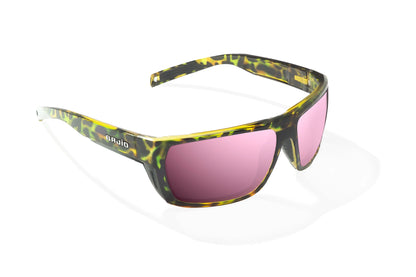 Bajio Palometa Sunglasses - Angled View, Green Rock Gloss Frame with Rose Mirror Lens