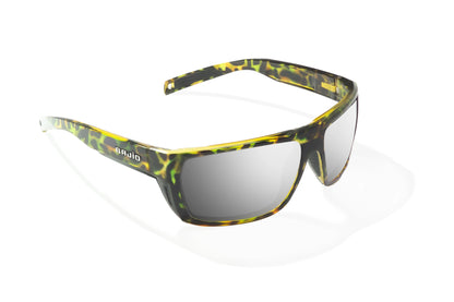 Bajio Palometa Sunglasses - Angled View, Green Rock Gloss Frame with Silver Mirror Lens