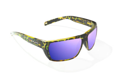 Bajio Palometa Sunglasses - Angled View, Green Rock Gloss Frame with Violet Mirror Lens