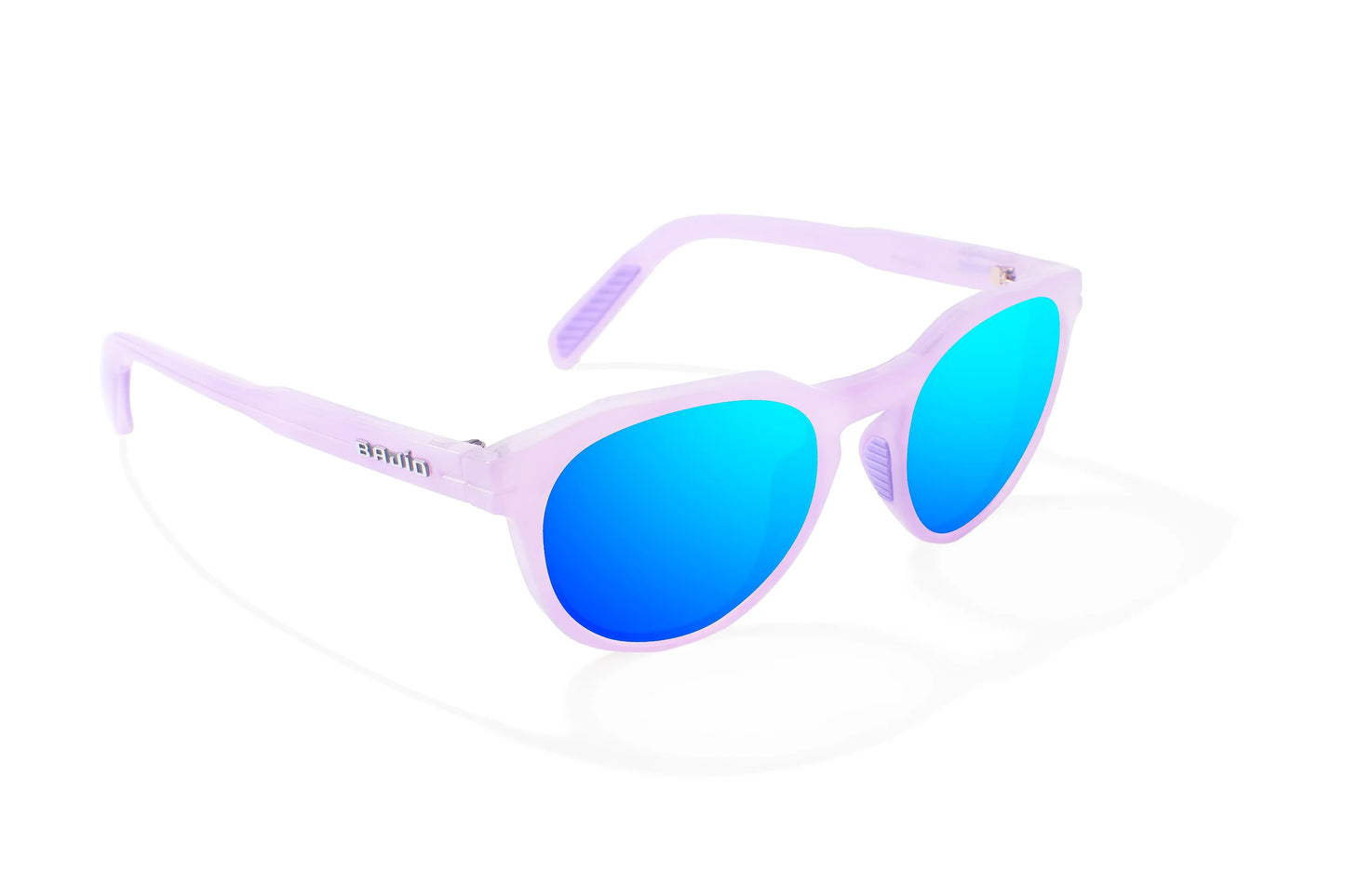 Bajio Paraiso Sunglasses - Angled View, Lavender Glass Gloss Frame with Blue Mirror Lens