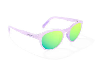 Bajio Paraiso Sunglasses - Angled View, Lavender Glass Gloss Frame with Green Mirror Lens