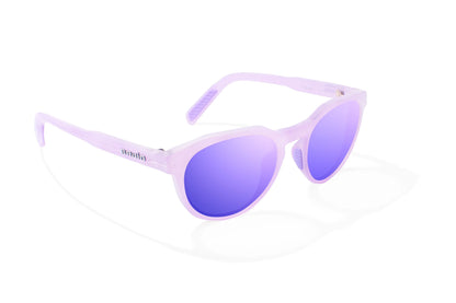 Bajio Paraiso Sunglasses - Angled View, Lavender Glass Gloss Frame with Violet Mirror Lens"