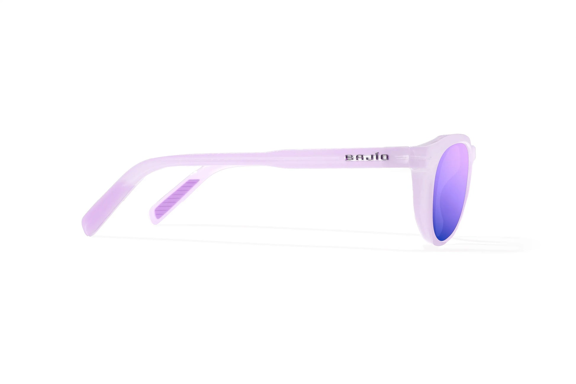 Bajio Paraiso Sunglasses - Side View, Lavender Glass Gloss Frame with Violet Mirror Lens