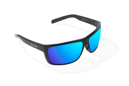 Bajio Sigs Sunglasses - Angled View, Black Gloss Frame with Blue Mirror Lens