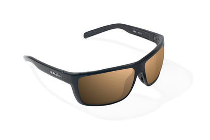 Bajio Sigs Sunglasses - Angled View, Black Gloss Frame with Copper Lens