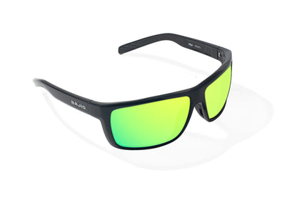 Bajio Sigs Sunglasses - Angled View, Black Gloss Frame with Green Mirror Lens