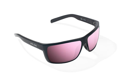 Bajio Sigs Sunglasses - Angled View, Black Gloss Frame with Rose Mirror Lens