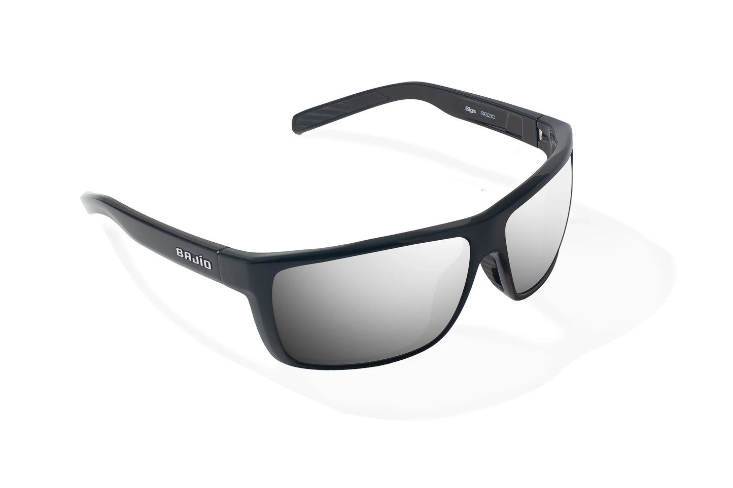 Bajio Sigs Sunglasses - Angled View, Black Gloss Frame with Silver Mirror Lens