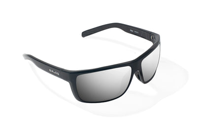 Bajio Sigs Sunglasses - Angled View, Black Gloss Frame with Silver Mirror Lens