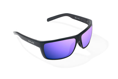 Bajio Sigs Sunglasses - Angled View, Black Gloss Frame with Violet Mirror Lens